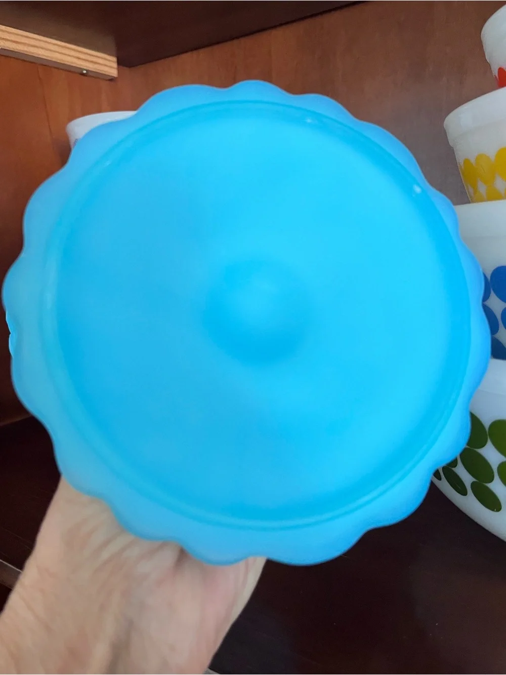 Fenton Blue Satin Glass Water Lily Covered Compote 1970 Floral Pedestal Dish